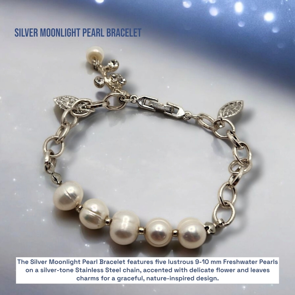 Freshwater Pearl, Stainless Steel chain charm bracelet